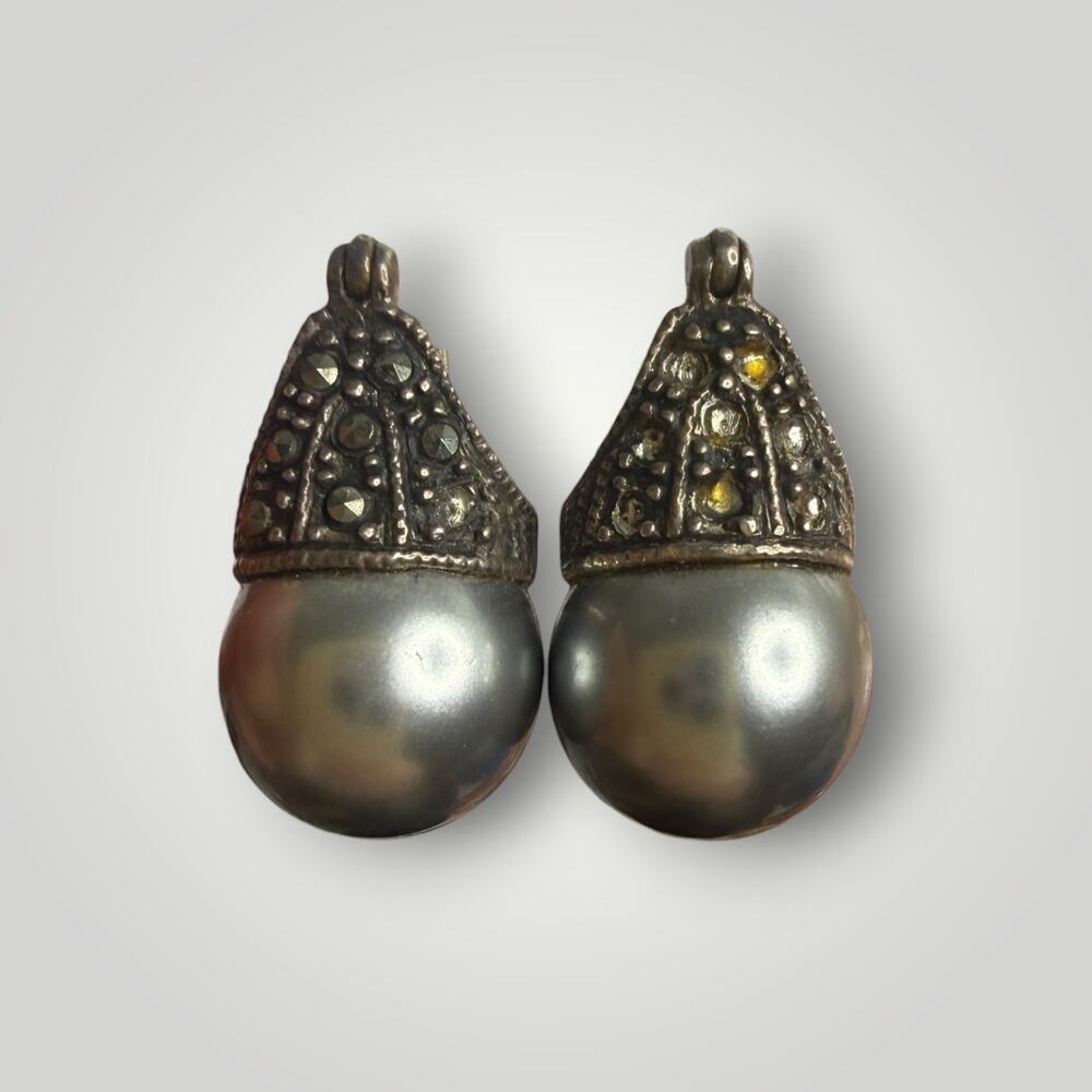 Vintage Sterling Silver 925 Gray Pearl Marcasite Dangle Earrings Pierced